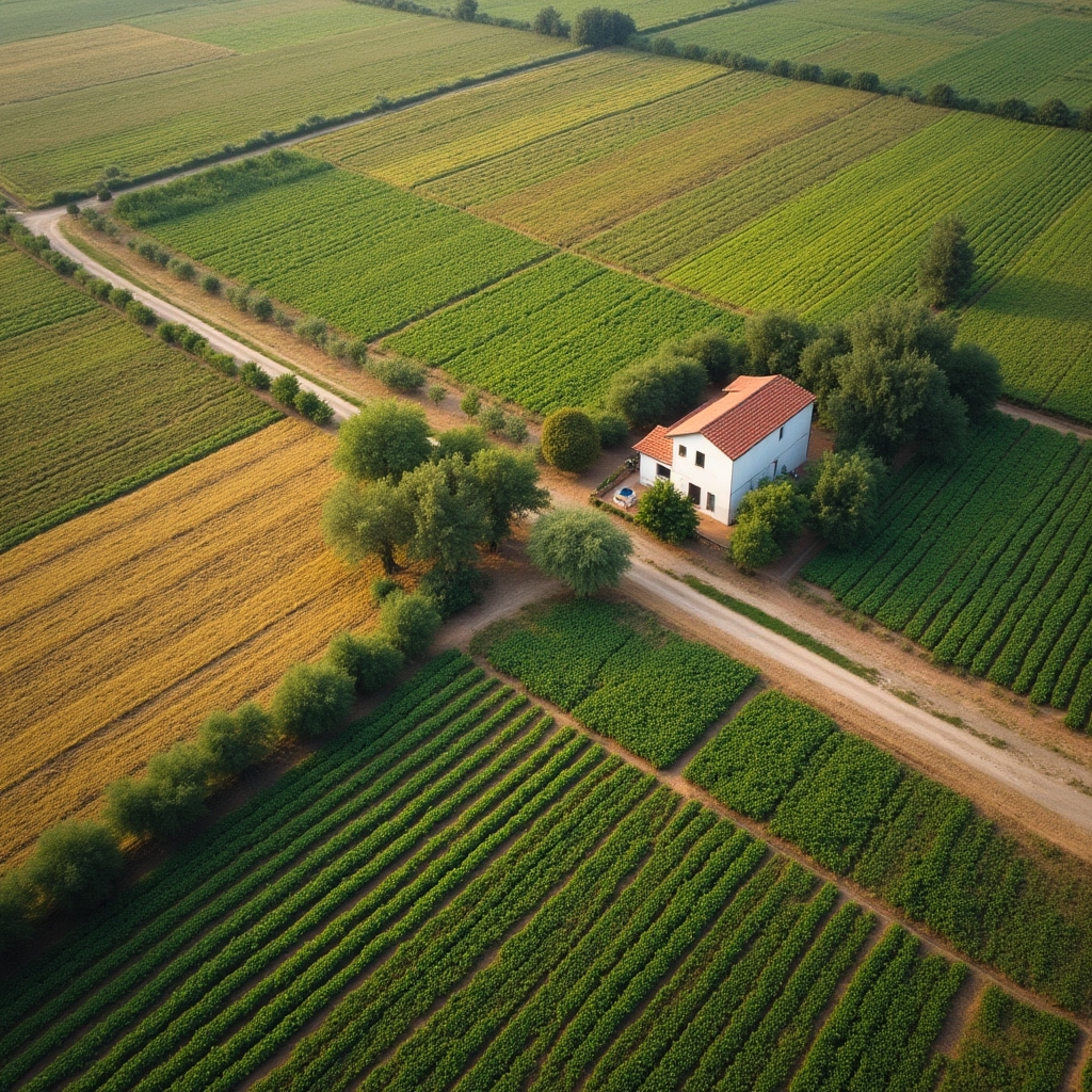 Vista aerea di un'azienda agricola italiana con campi coltivati