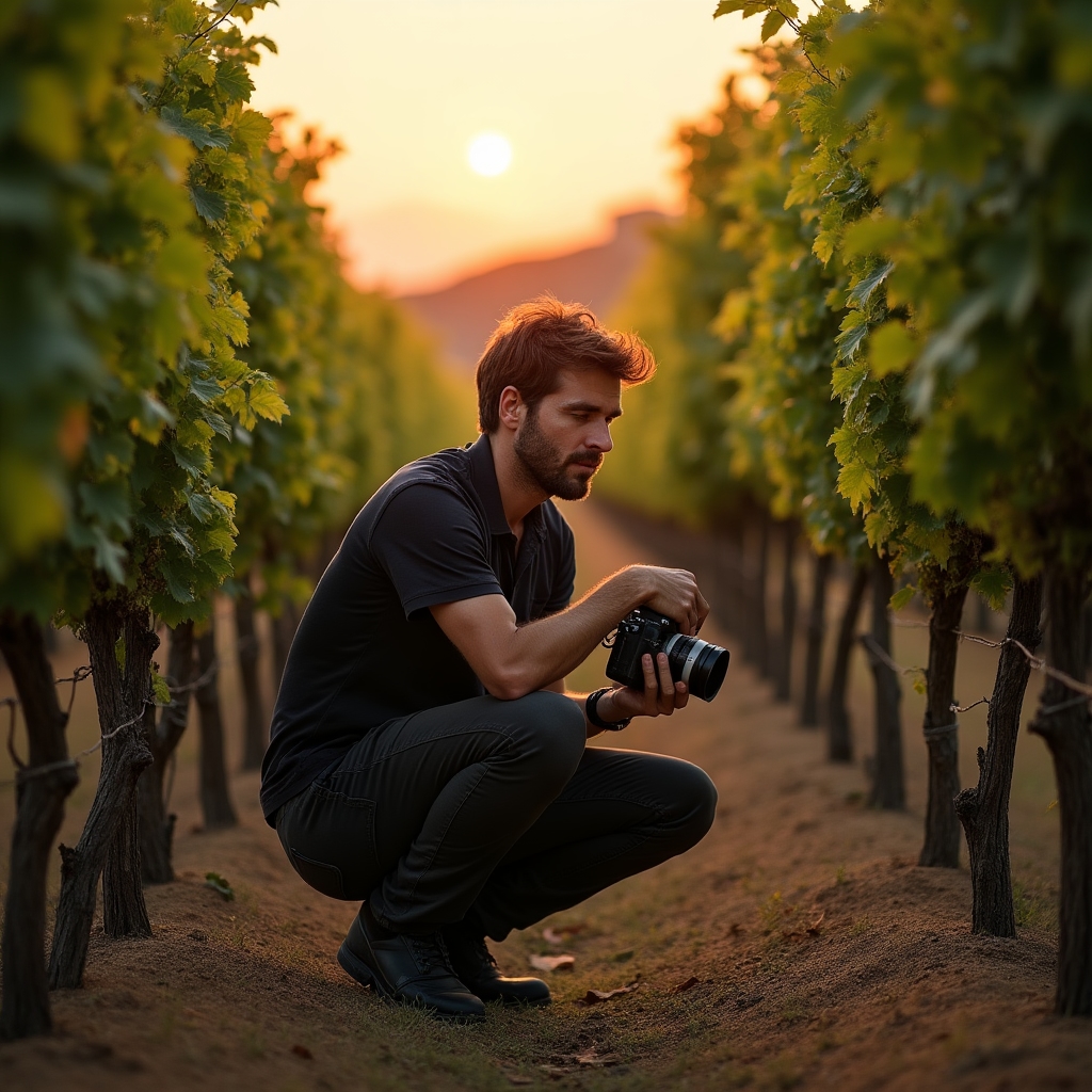 Fotografo professionista durante una ripresa in un campo agricolo italiano