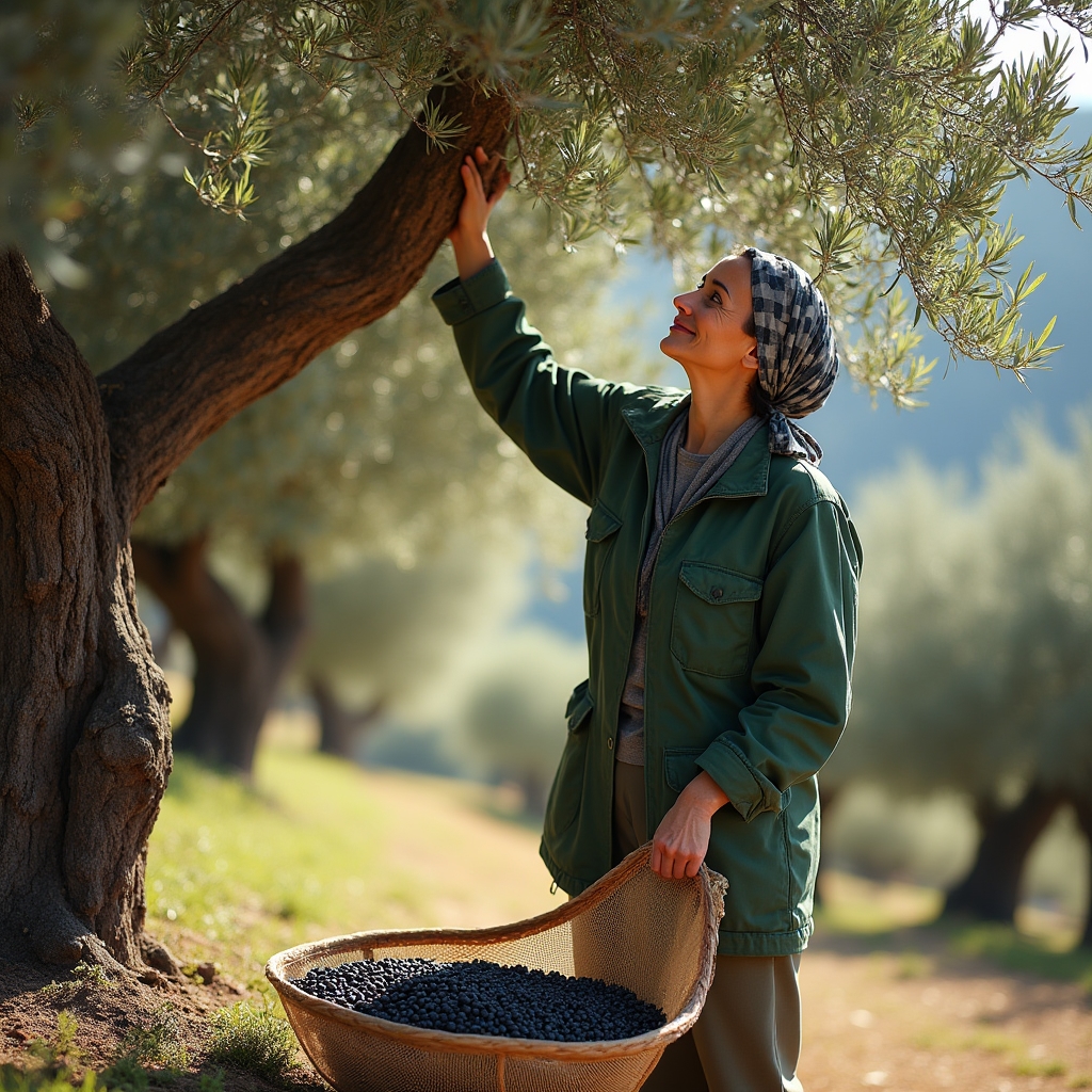 Olivicoltore durante la raccolta delle olive in un uliveto secolare
