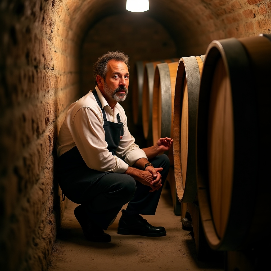 Vignaiolo in cantina tra le botti di legno